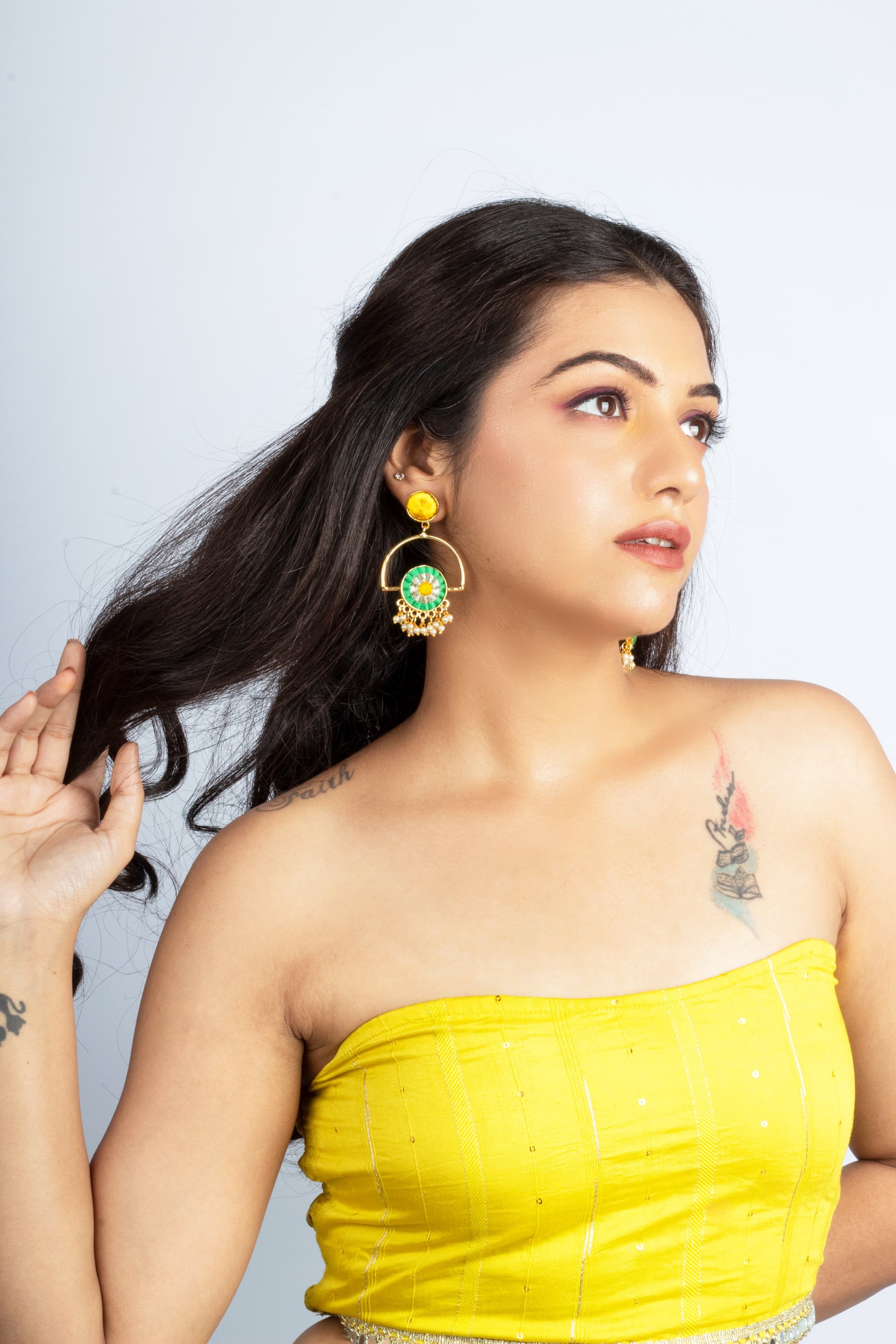 Fuscia And Lucite Green Silk Embroidered Round Earrings – Earrings from Bauble Bazaar