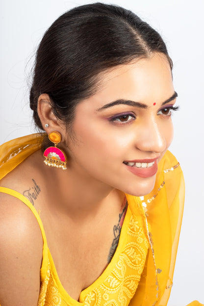 Fuschia Mandala Hot Pink & Mustard Yellow Embroidered Drops – Earrings from Bauble Bazaar