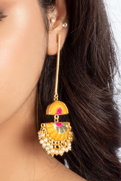 Lush Sunshine Dangler Earrings Embroidered in Mustard Yellow & Hot Pink Silk Threads