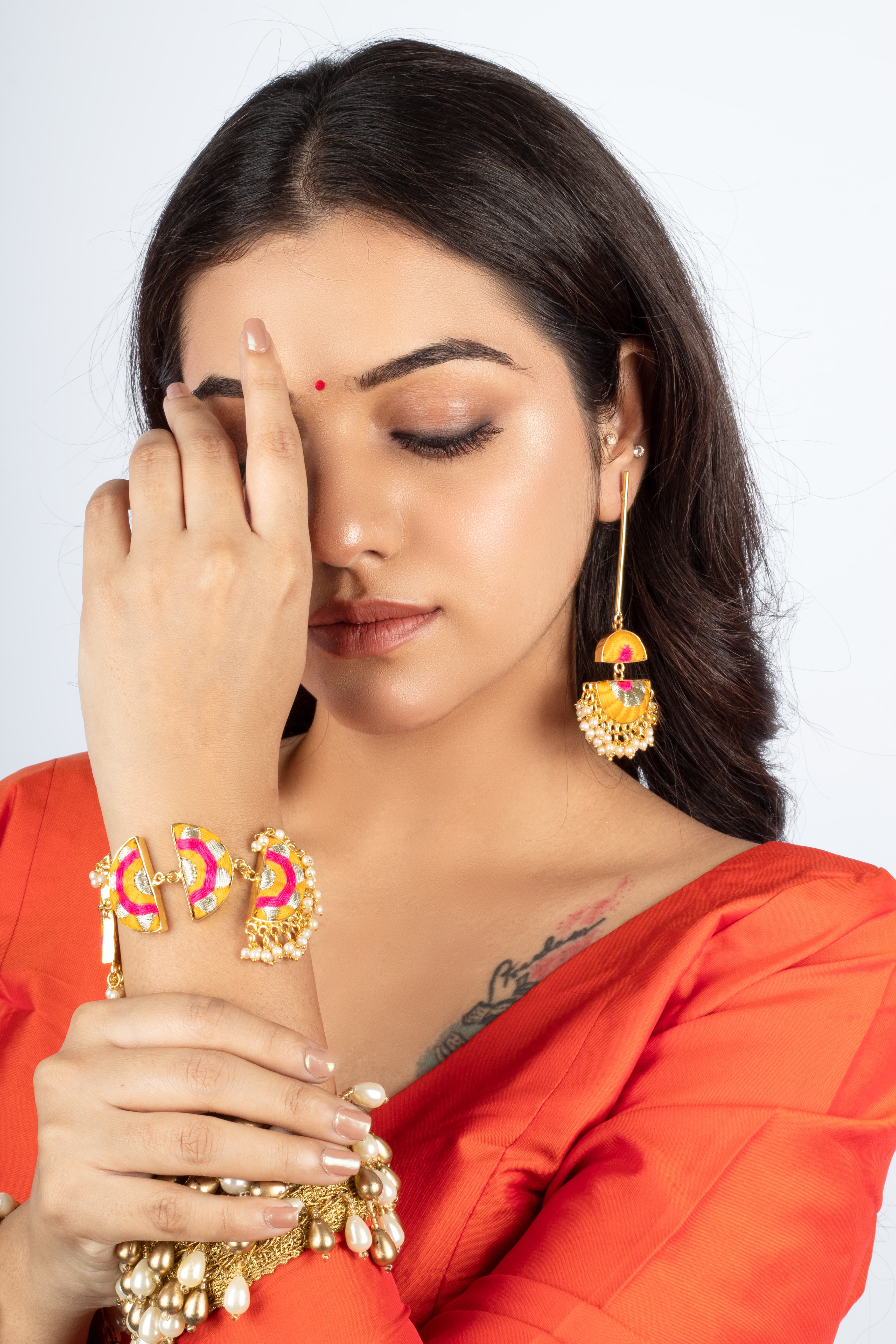 Lush Sunshine Dangler Earrings Embroidered in Mustard Yellow & Hot Pink Silk Threads