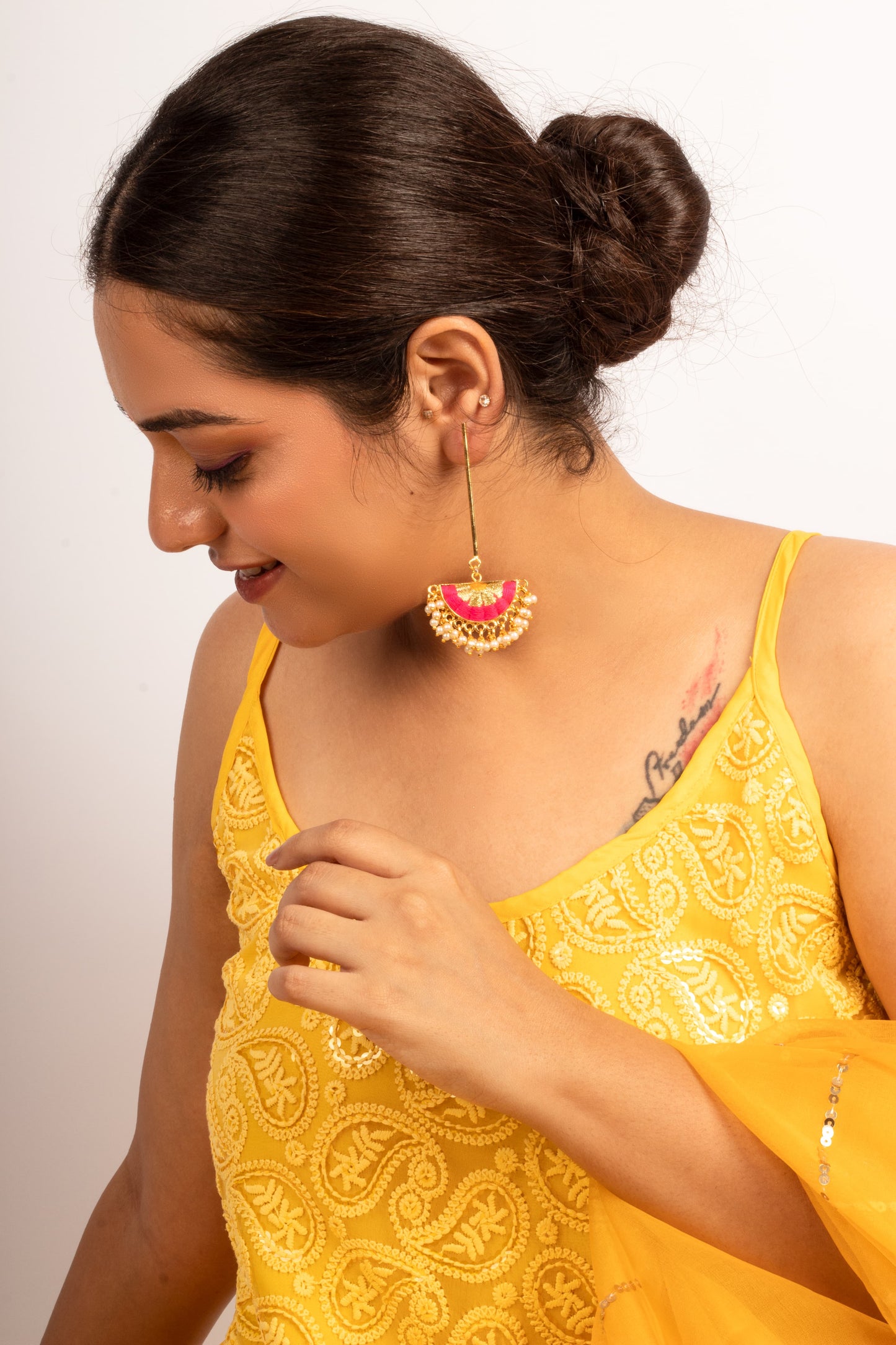 Sunburst Charm Hot Pink &  Mustard Yellow Silk Embroidered Danglers