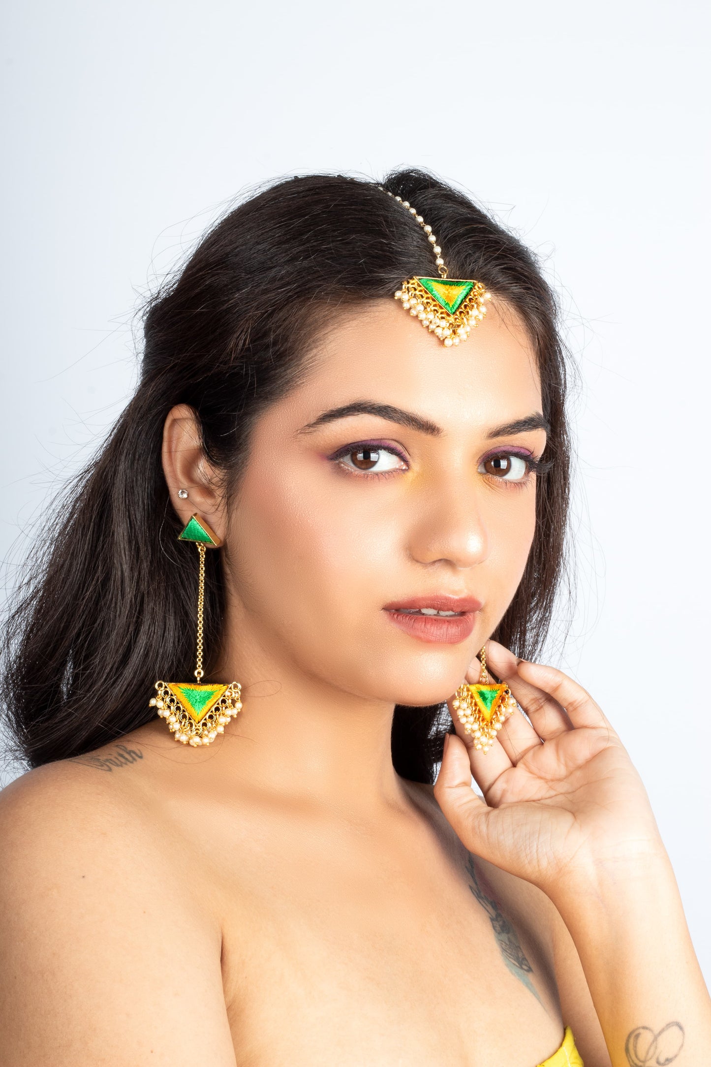 Green Whimsy & Lemon Yellow Silk Embroidery Earrings