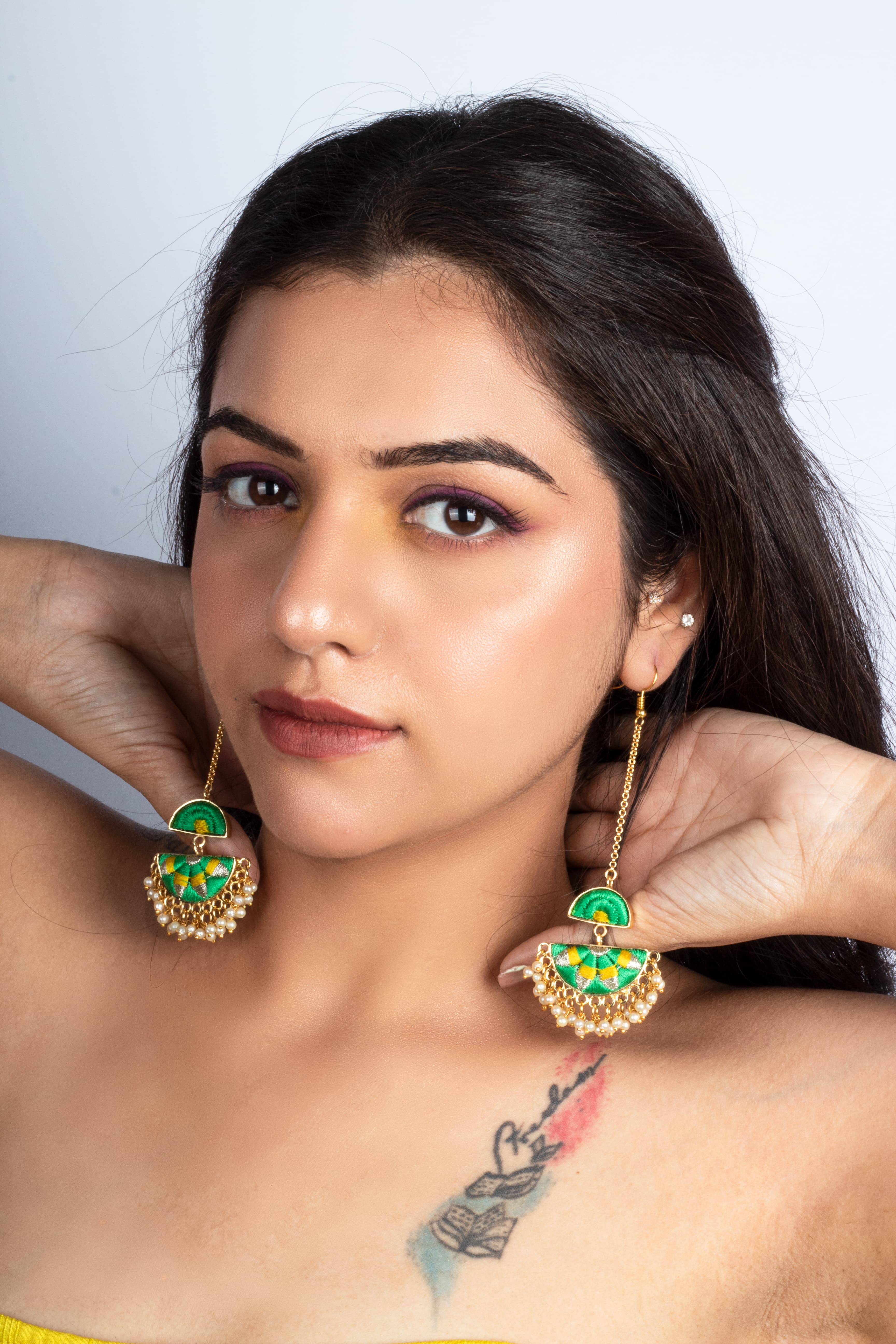 Cadmium Green And Playful Yellow Silk Embroidered  Earrings