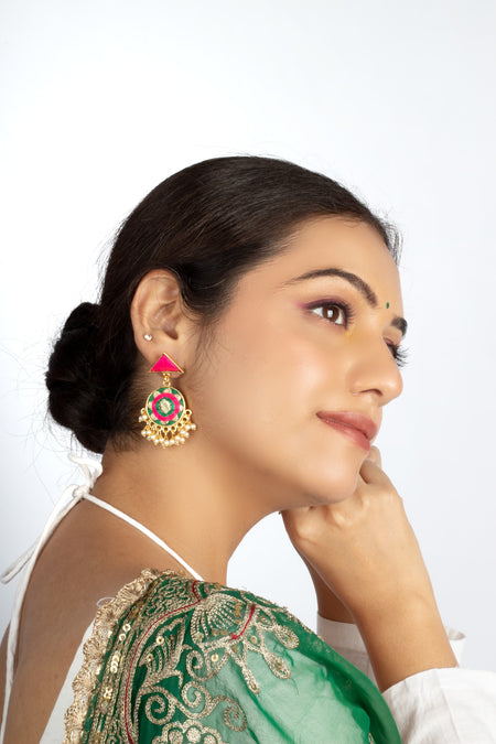 Basil Green & Mexican Pink Circular Embroidered Earrings----image