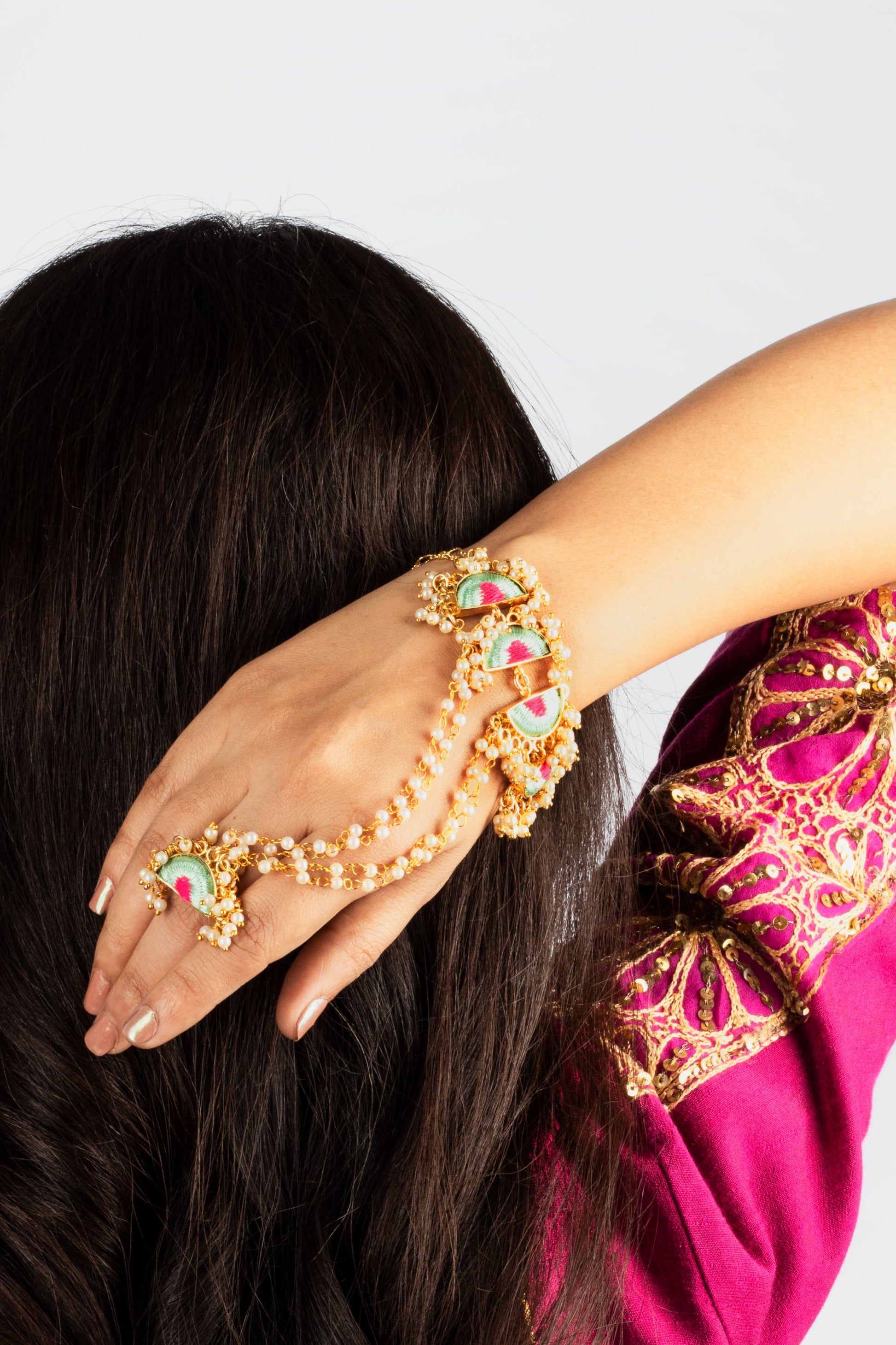 Mint Wave Haathphool in Silk Thread Embroidery For Pre-Wedding Occasions. – Haathphool from Bauble Bazaar