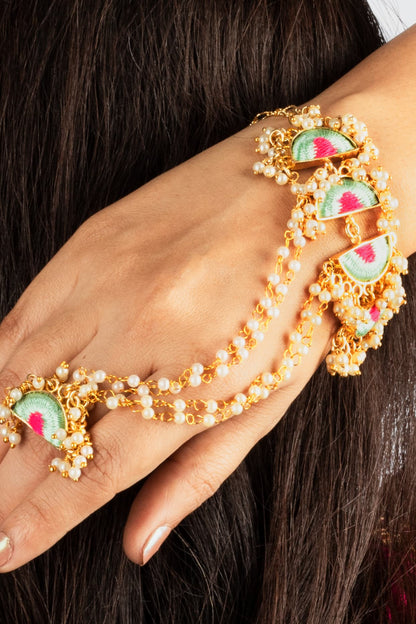 Mint Wave Haathphool in Silk Thread Embroidery For Pre-Wedding Occasions.