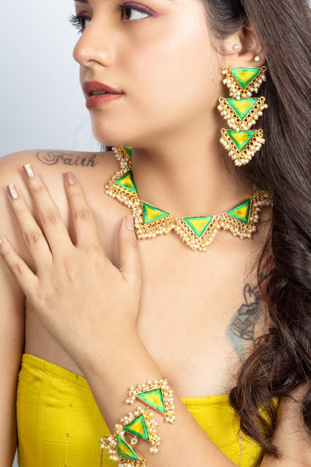 Zenith Green & Poppy Yellow Embroidered Necklace Set For Haldi--2--image