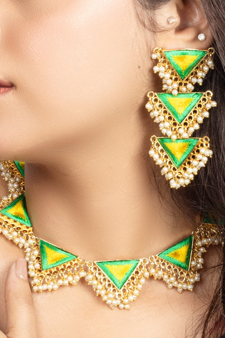 Zenith Green & Poppy Yellow Embroidered Necklace Set For Haldi--3--image