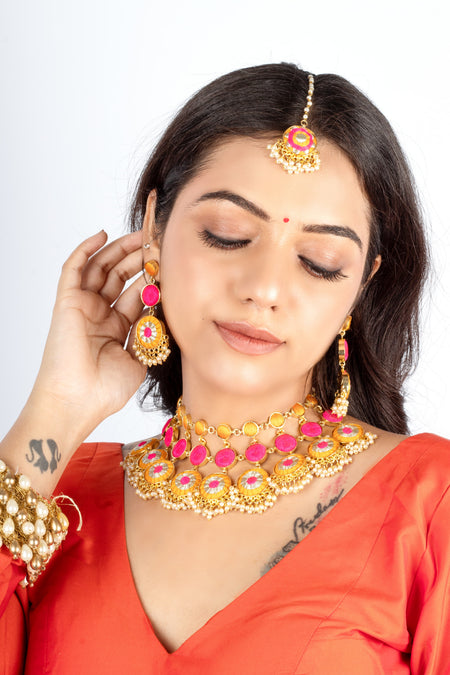 Mustard Bloom Silk Thread Embroidered Necklace Set----image