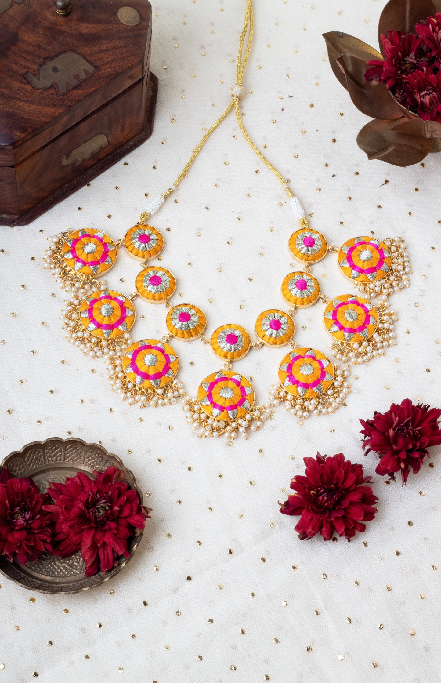 Bright Blossom Mustard & Pink Thread Necklace Set For Pre-Wedding Occasion