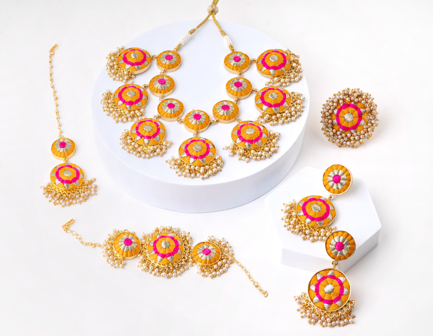 Bright Blossom Mustard & Pink Thread Necklace Set For Pre-Wedding Occasion