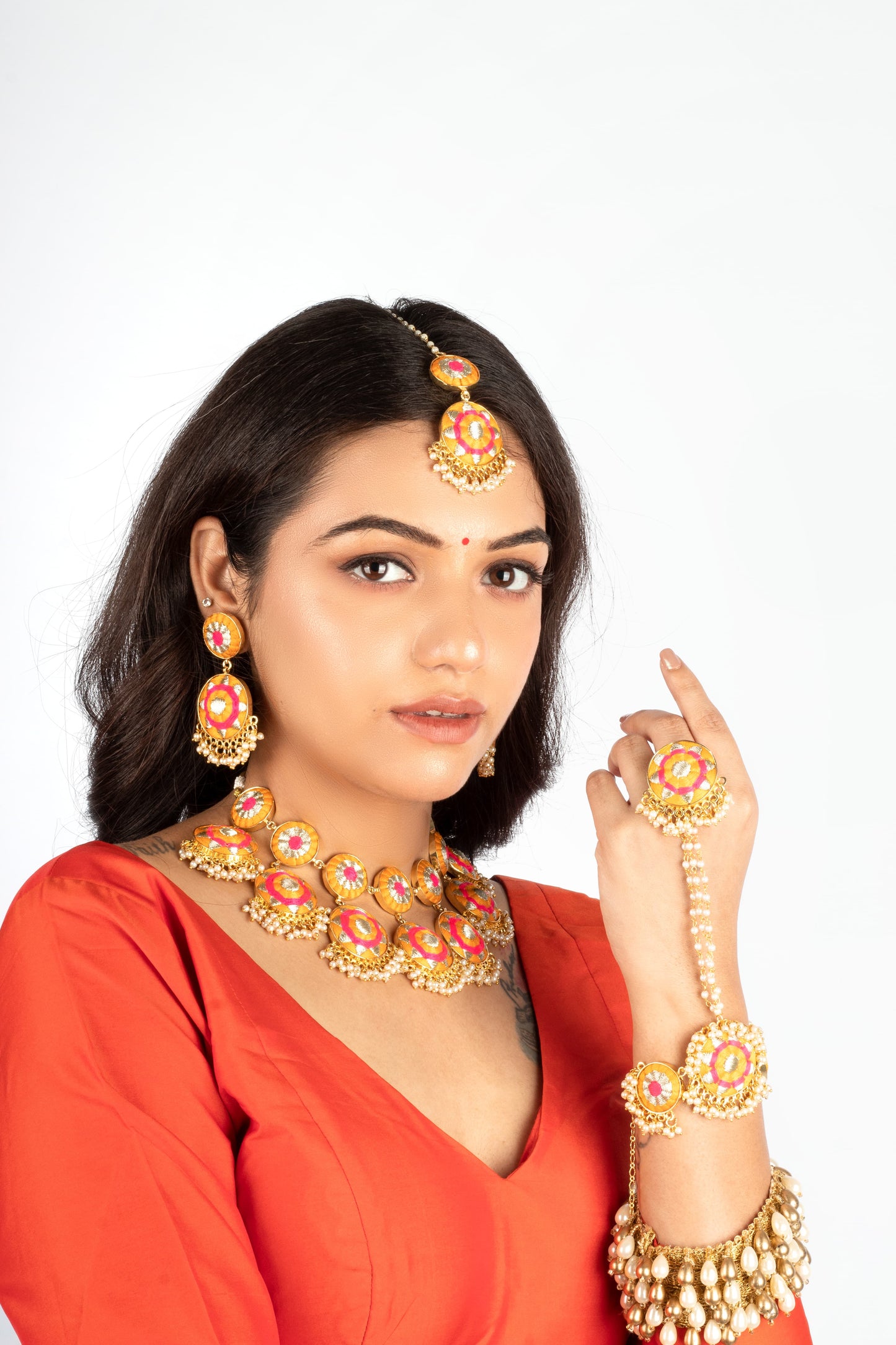 Bright Blossom Mustard & Pink Thread Necklace Set For Pre-Wedding Occasion