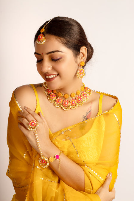 Sunset Bloom Silk Embrodiered Necklace Set For Haldi----image