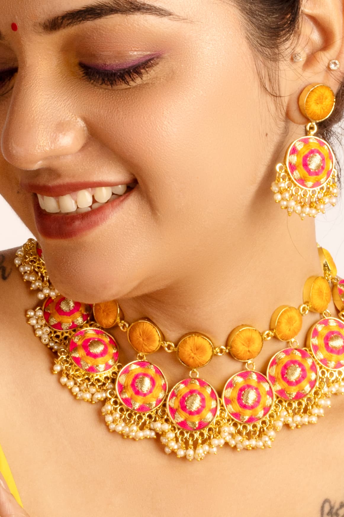 (Only Necklace) Sunset Bloom Silk Embrodiered Necklace For Haldi