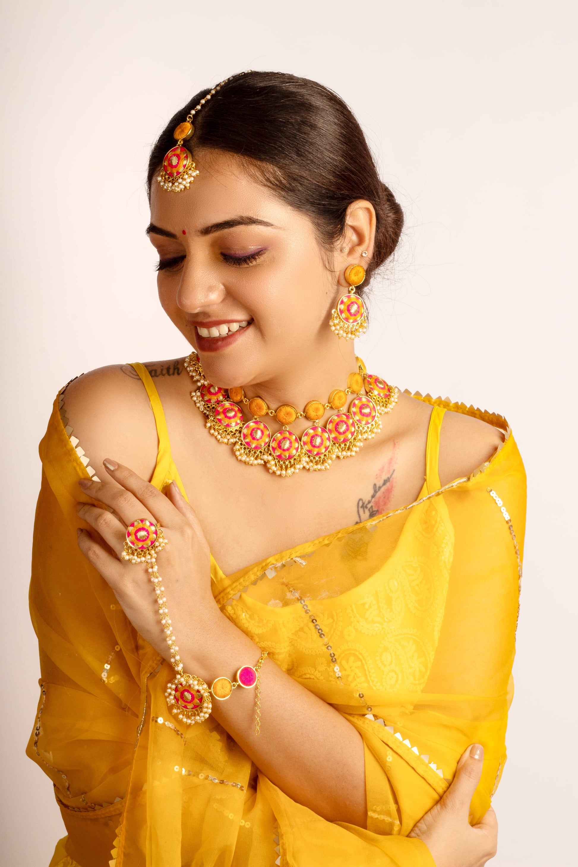 (Only Necklace) Sunset Bloom Silk Embrodiered Necklace For Haldi – Necklaces from Bauble Bazaar