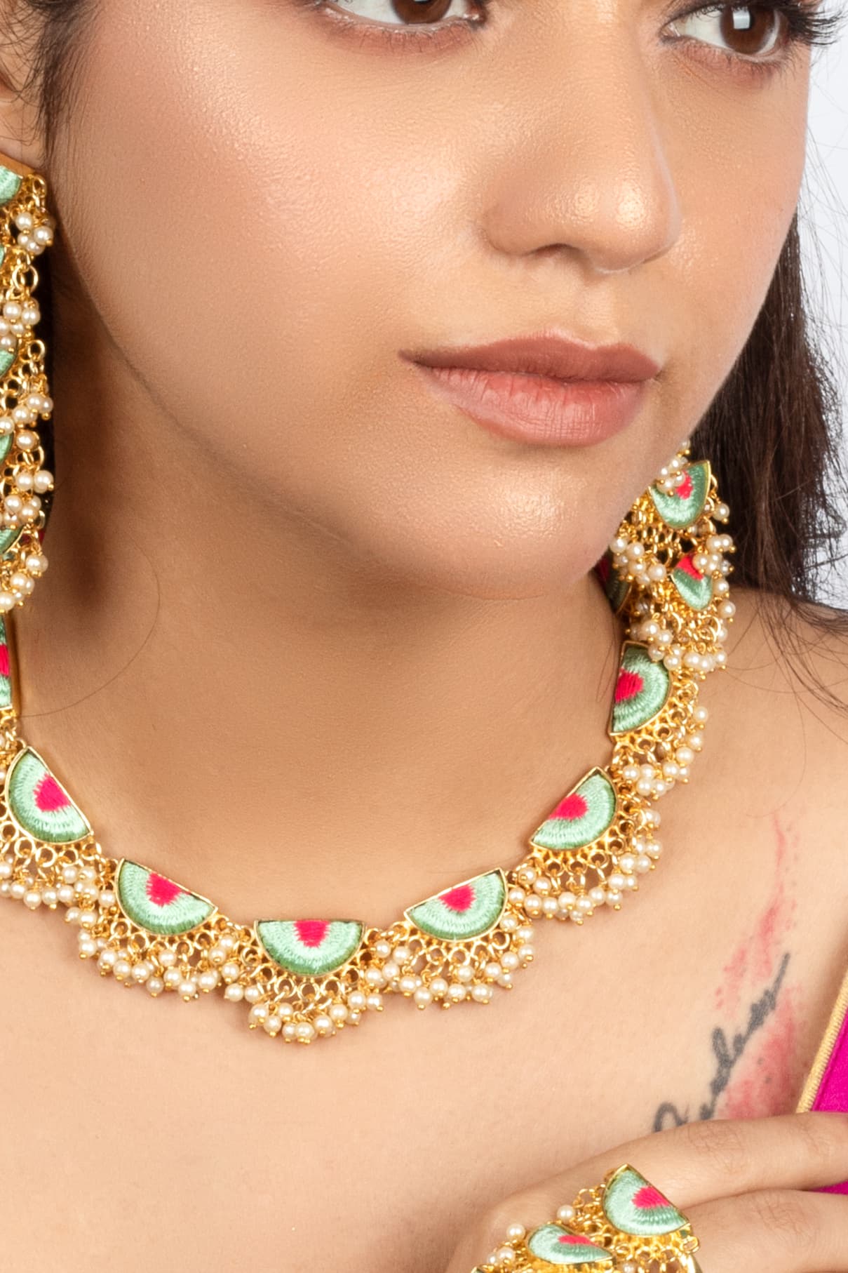 (Only Necklace)Mint Petal & Lotus Pink Embroidered Haldi Necklace