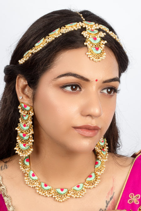 Mint Petal & Lotus Pink Embroidered Haldi Necklace Set--2--image