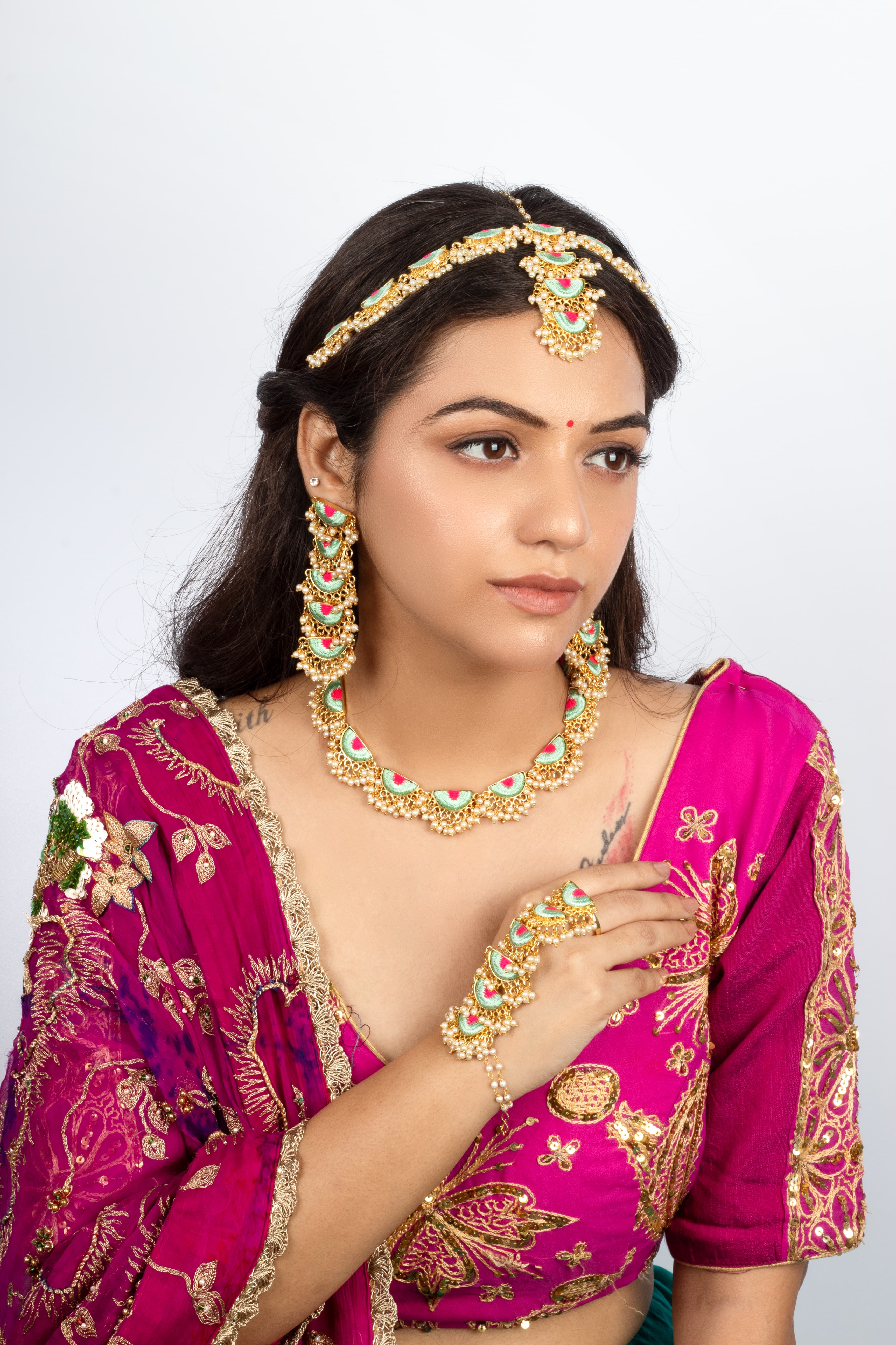 Mint Petal & Lotus Pink Embroidered Haldi Necklace Set