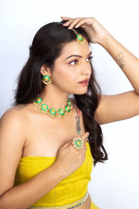 Scarlet Green & Lime Yellow Silk Embroidered Necklace Set For Celebration----image