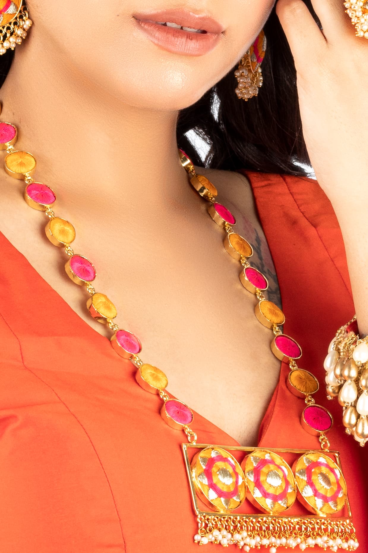 (Only Necklace) Golden Daffodil Mustard & Pink Silk Thread Embroidered Necklace For Pre-Wedding