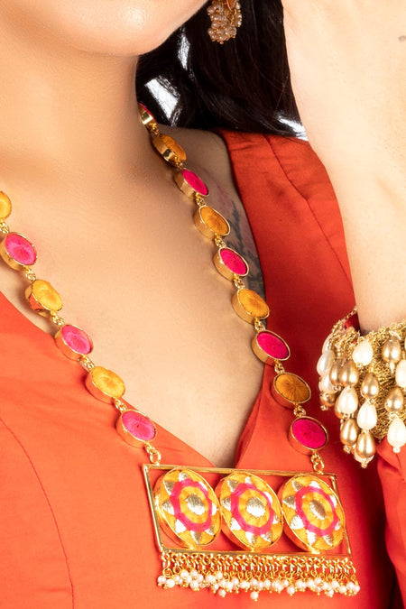 Golden Daffodil Mustard & Pink Silk Thread Embroidered Necklace Set For Pre-Wedding--3--image