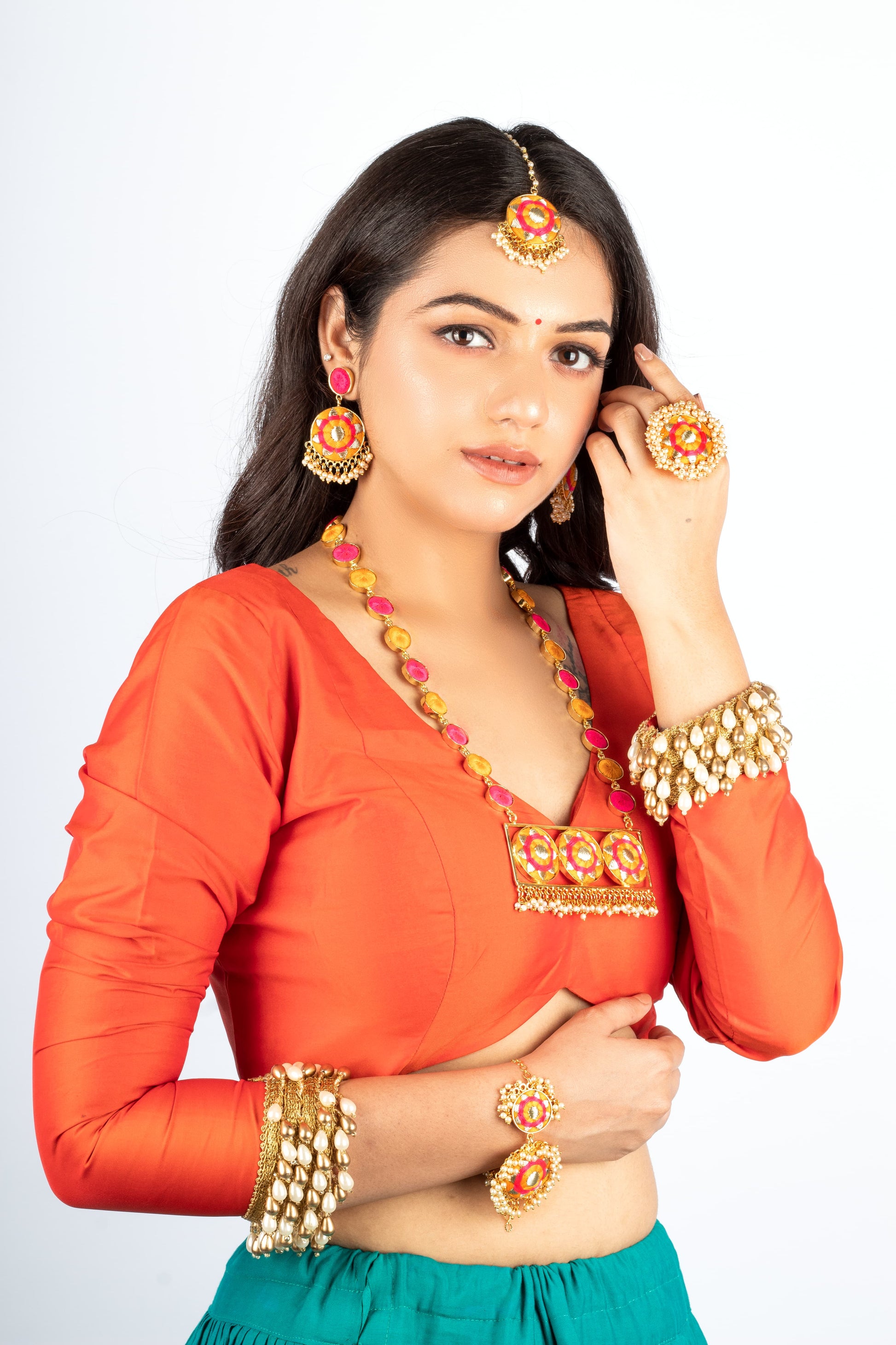 (Only Necklace) Golden Daffodil Mustard & Pink Silk Thread Embroidered Necklace For Pre-Wedding – Necklaces from Bauble Bazaar