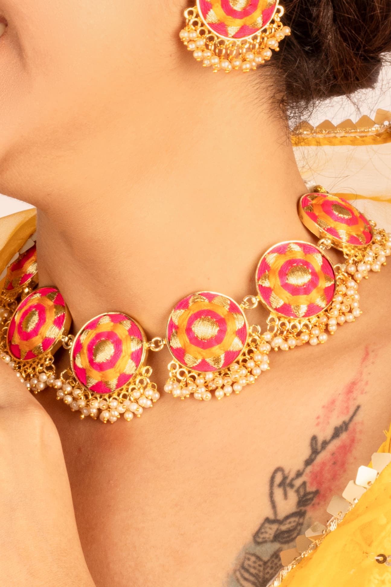 (Only Necklace) Royal Radiance Mustard Yellow and Pink Embroidered Necklace