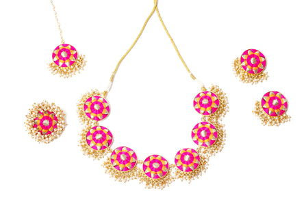 Royal Radiance Mustard Yellow and Pink Embroidered Necklace Set--5--image