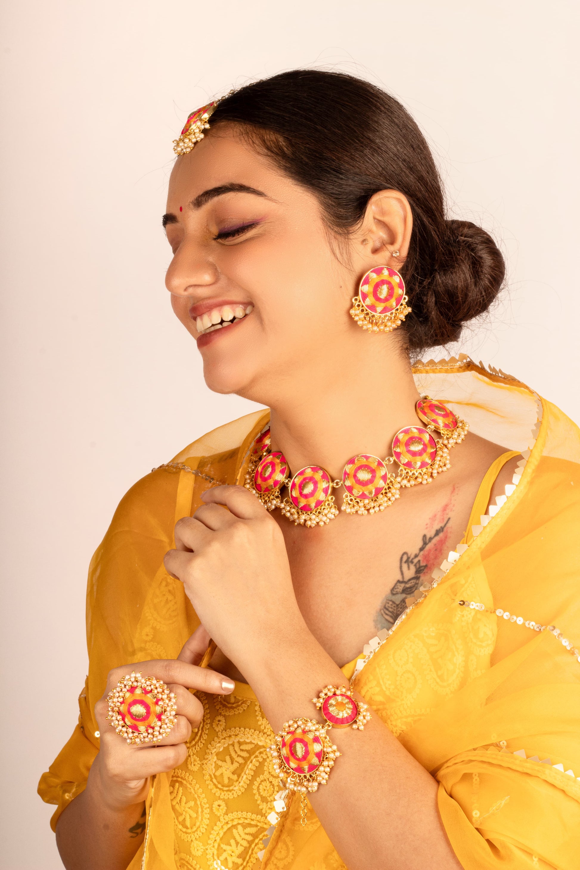 (Only Necklace) Royal Radiance Mustard Yellow and Pink Embroidered Necklace – Necklaces from Bauble Bazaar
