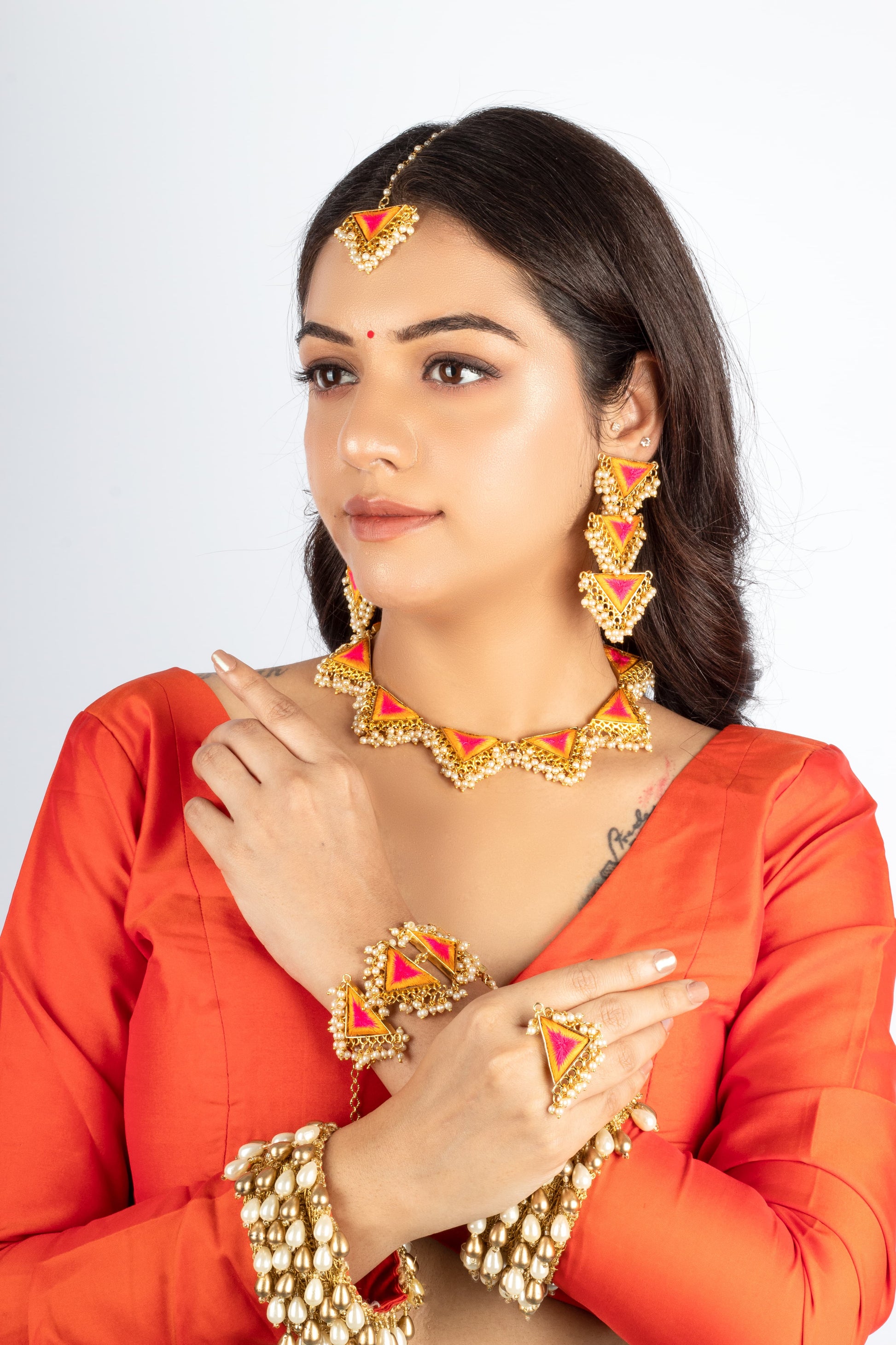 (Only Necklace) Sunrise Petal Embroidery & Pearl-Embellished Necklace – Necklaces from Bauble Bazaar