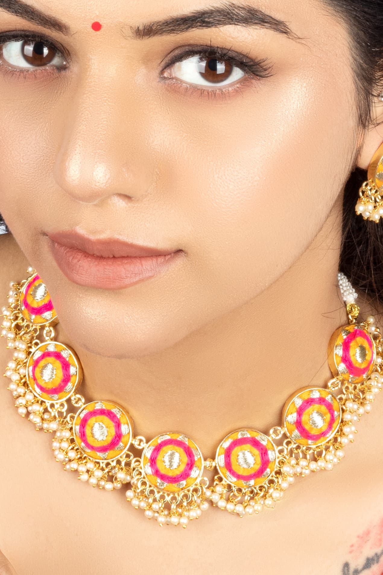 (Only Necklace) Golden Marigold Mustard and Pink Embroidered Necklace