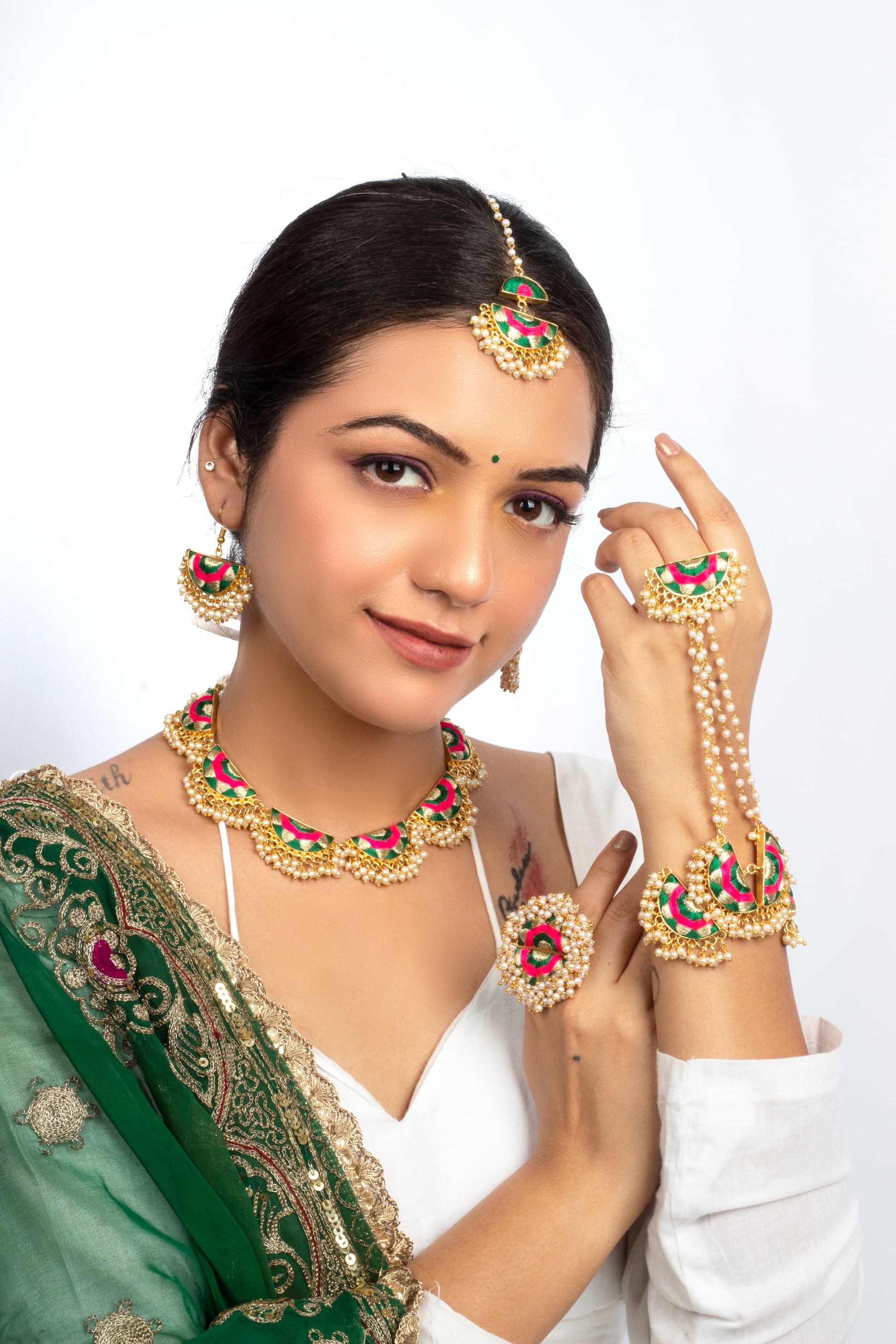 (Only Necklace) Emerald Fern Semi Circular Necklace Embellished in Dark Green Silk Embroidery – Necklaces from Bauble Bazaar