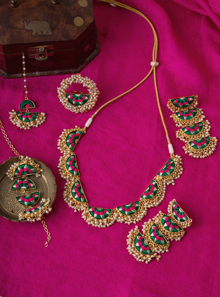 Emerald Fern Semi Circular Necklace Set Embellished in Dark Green Silk Embroidery--6--image