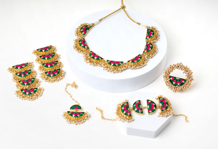 Emerald Fern Semi Circular Necklace Set Embellished in Dark Green Silk Embroidery--7--image