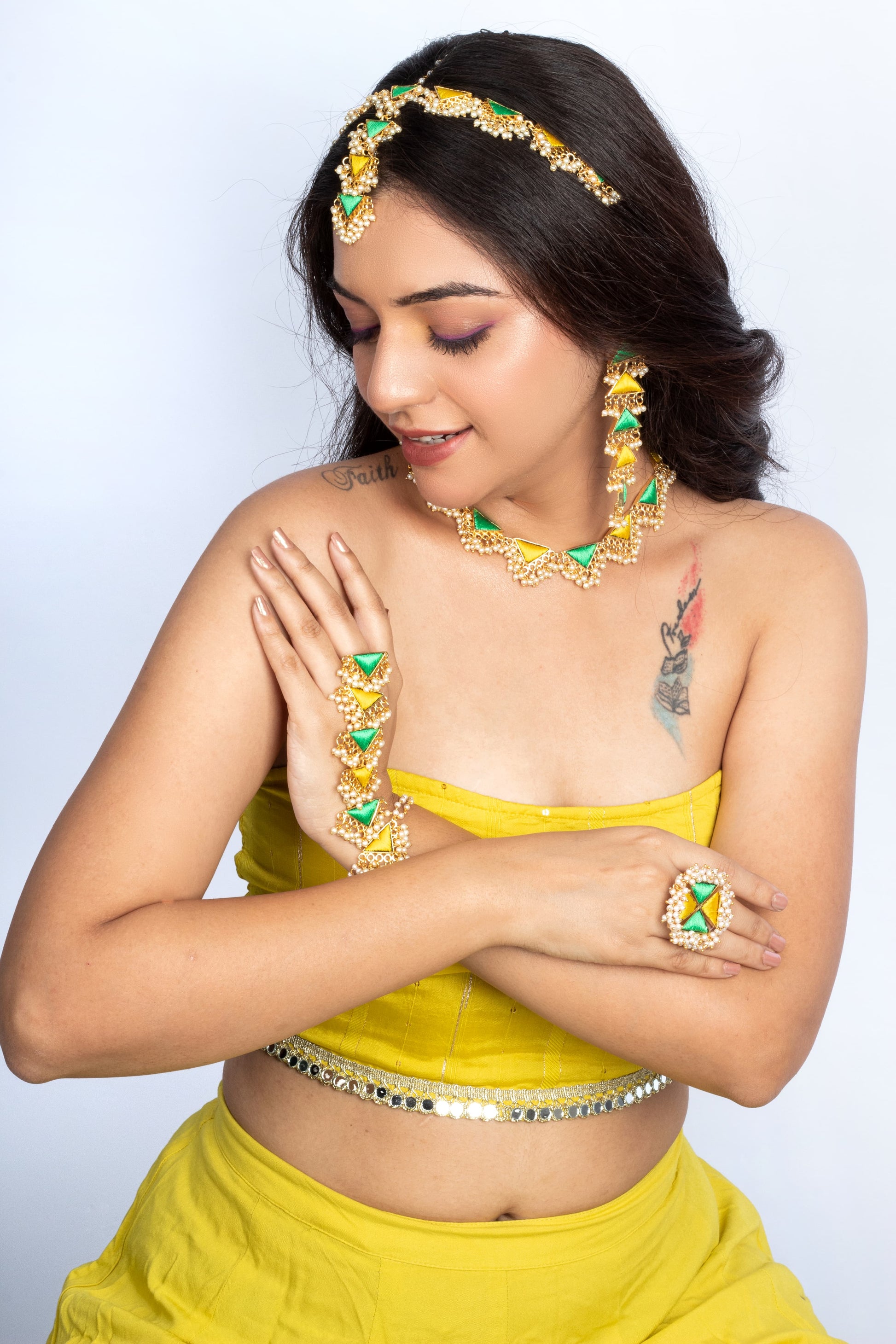 (Only Necklace) Green Willow And Lime Yellow Silk Embroidered Festive Necklace – Necklaces from Bauble Bazaar