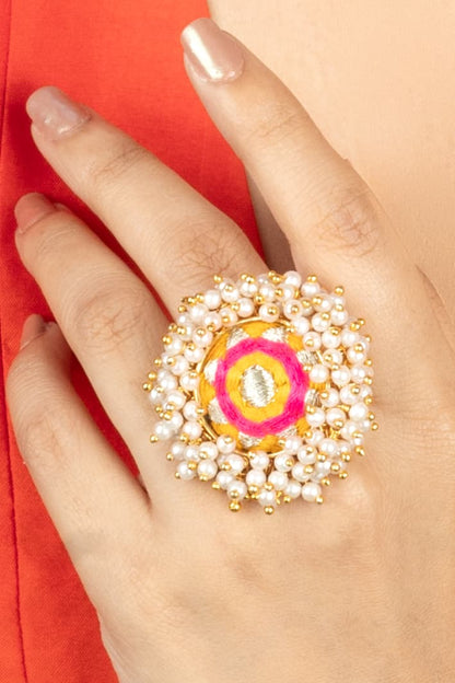 Sunshine Radiance Mustard Yellow & Hot Pink Embroidered Ring