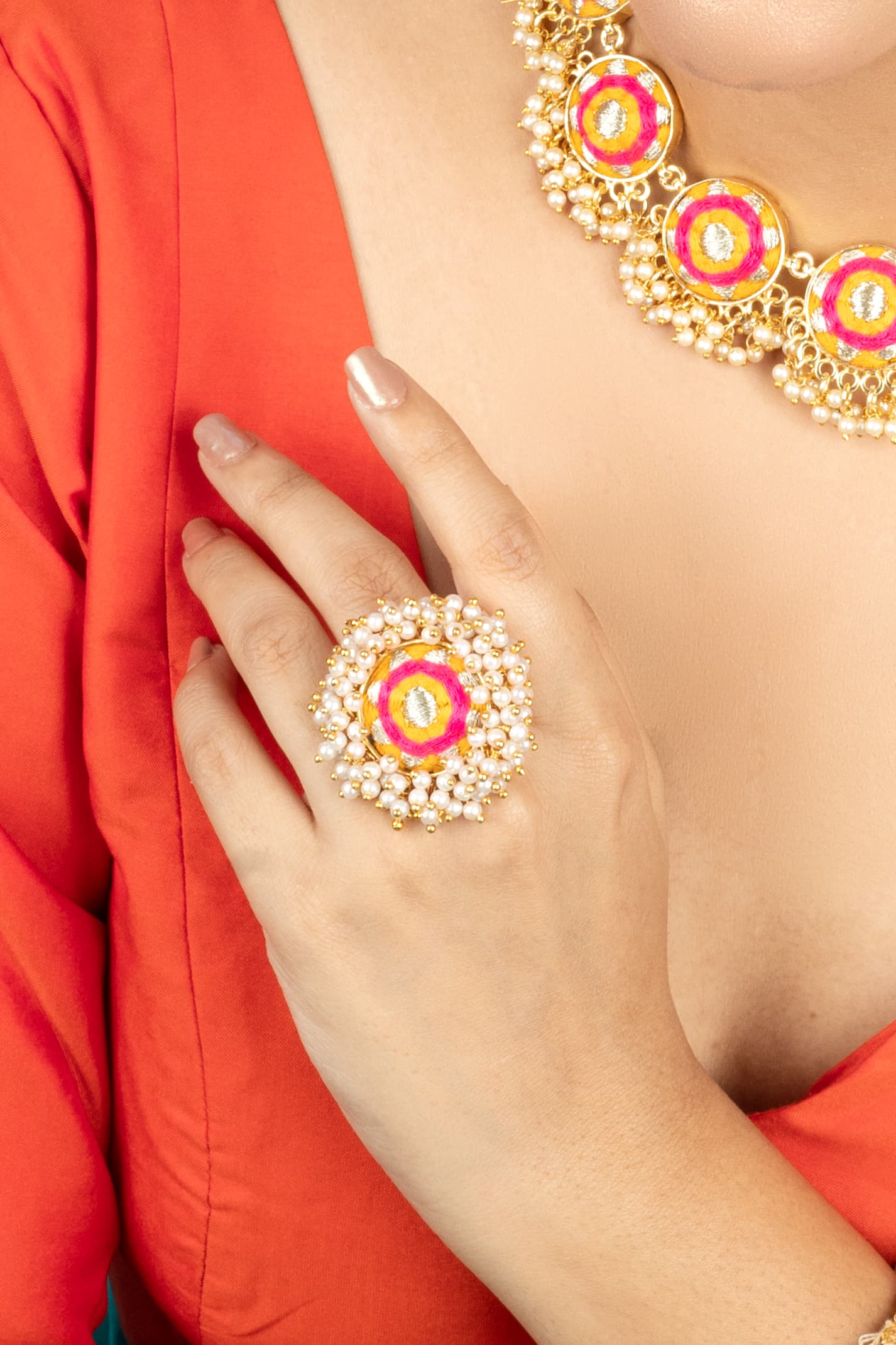 Sunshine Radiance Mustard Yellow & Hot Pink Embroidered Ring