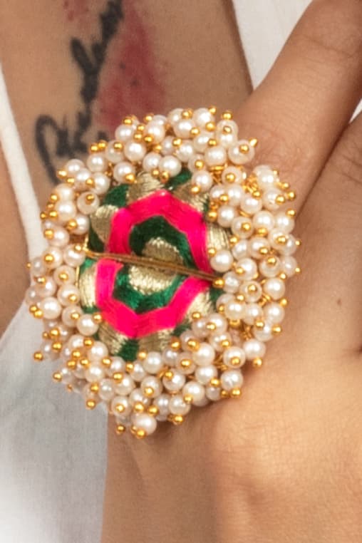 Green Petal & Pink Silk Embroidery Ring