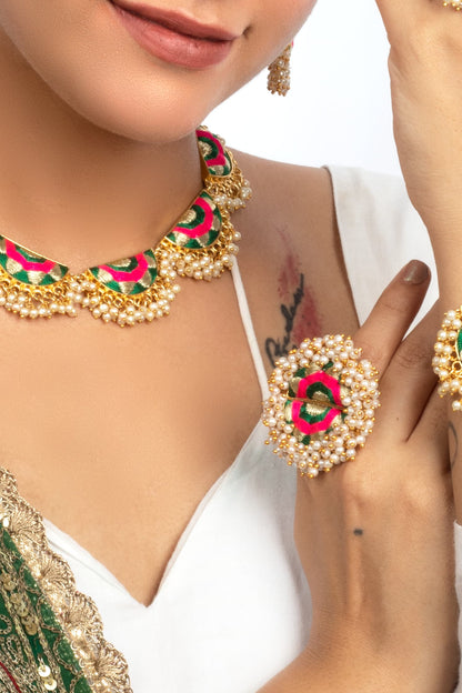 Green Petal & Pink Silk Embroidery Ring – Ring from Bauble Bazaar